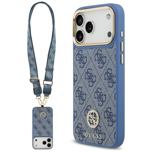 Etui Guess 4G Strass Logo & Big Strap Metal Buttons MagSafe do iPhone 17 Pro Max niebieski
