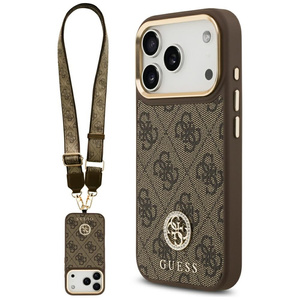 Etui Guess 4G Strass Logo & Big Strap Metal Buttons MagSafe do iPhone 17 Pro brązowy